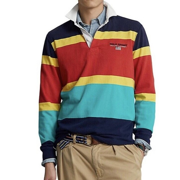 Polo Sport Ralph Lauren RRL Red Multi Stripe Classic Fit Rugby Polo Shirt Mens M